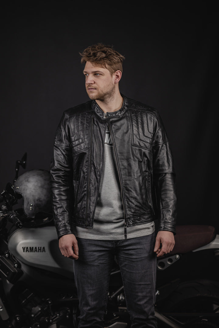 Black-Cafe London Philadelphia Motorcycle Leather Jacket#color_black