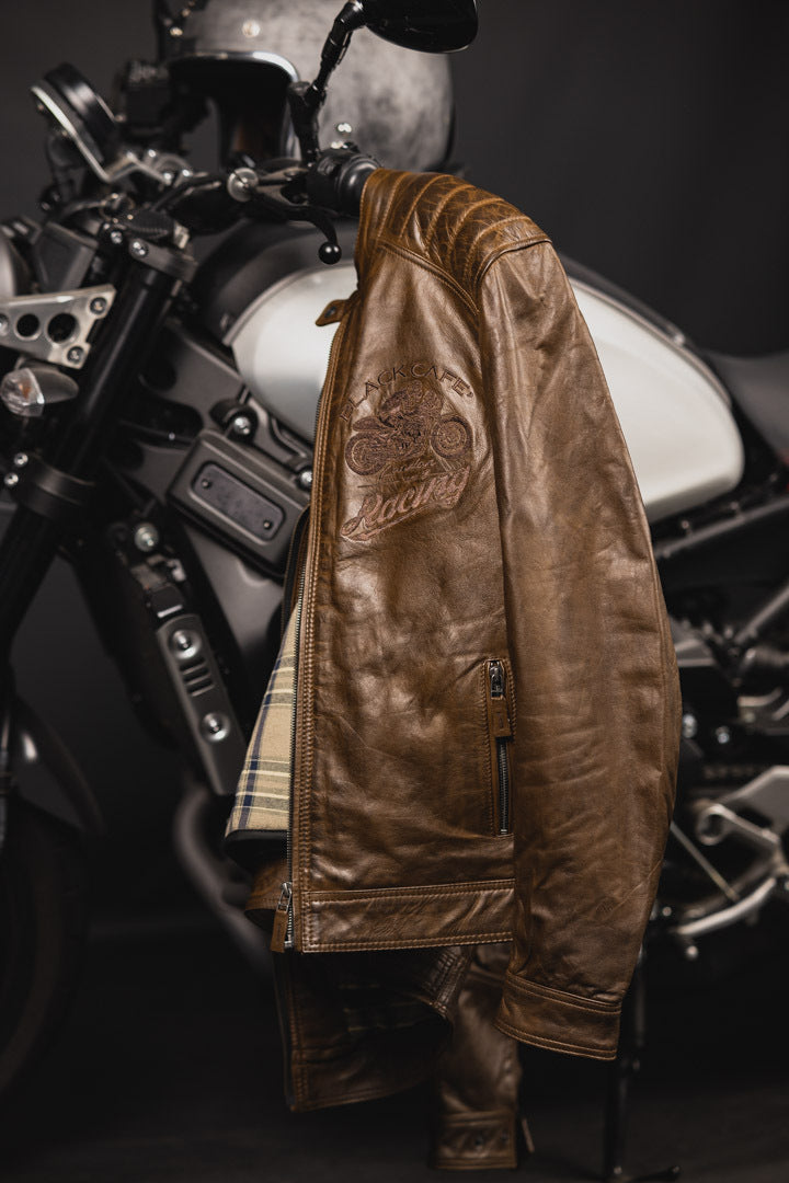 Black Cafe London Houston Motorcycle Leather Jacket#color_dark-brown