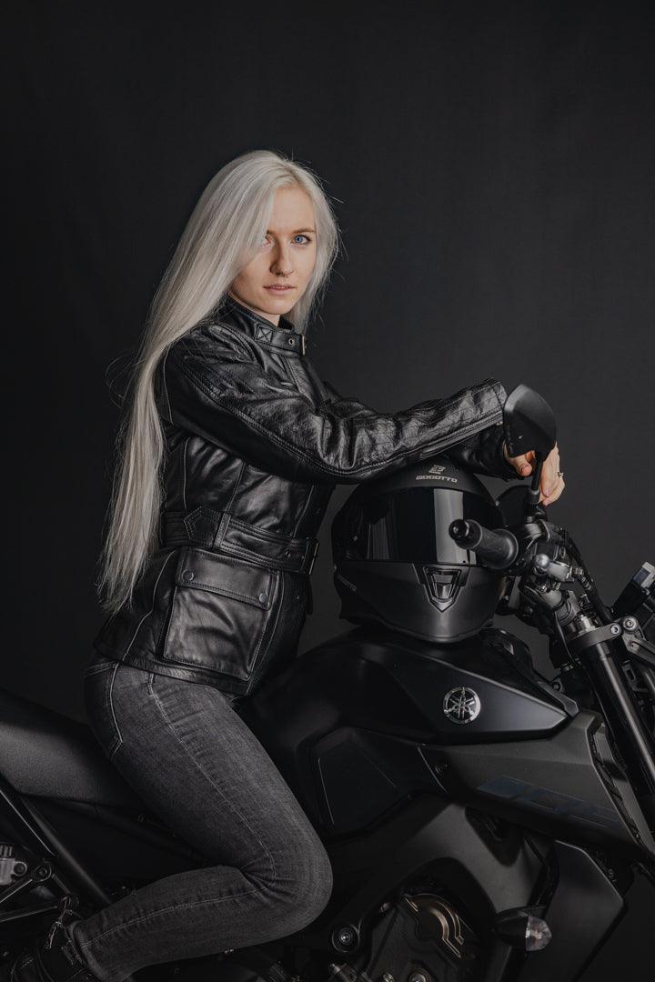 Black-Cafe London Madrid Ladies Motorcycle Leather Jacket#color_black