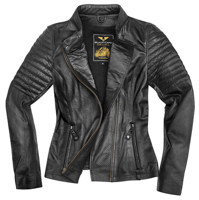 Black-Cafe London Shona Ladies Motorcycle Leather Jacket#color_black