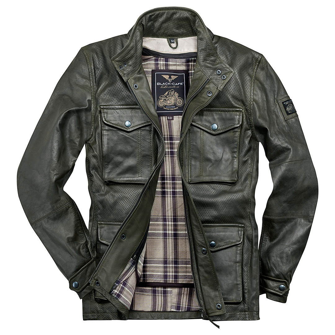 Black-Cafe London Manhattan Leather Jacket#color_dark-green