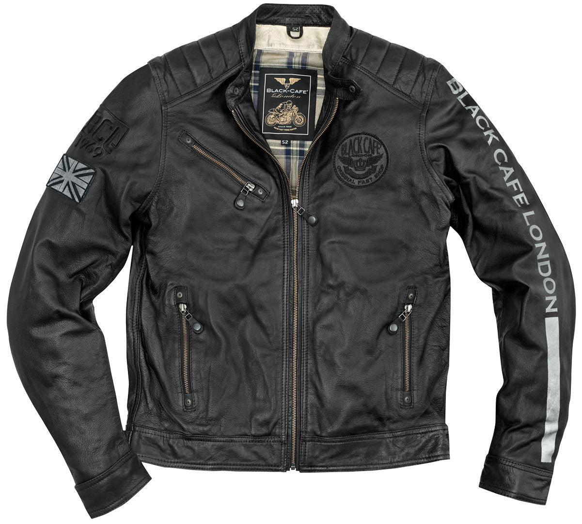 Black-Cafe London Shanghai Motorcycle Leather Jacket#color_black-white