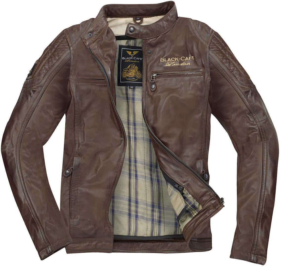 Black-Cafe London Miami Motorcycle Leather Jacket#color_brown