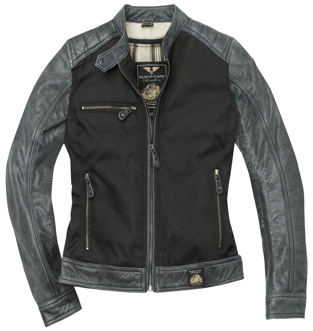 Black-Cafe London Johannesburg Ladies Motorcycle Leather / Textile Jacket#color_black-grey