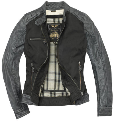 Black-Cafe London Johannesburg Ladies Motorcycle Leather / Textile Jacket#color_black-grey