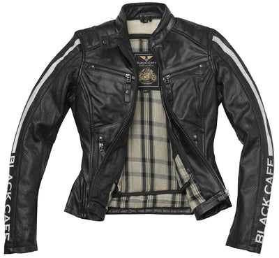 Black-Cafe London Toronto Ladies Motorcycle Leather Jacket#color_black-white