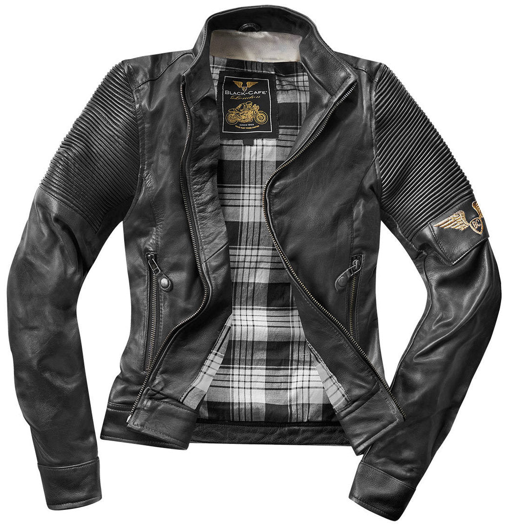 Black-Cafe London Amol Ladies Motorcycle Leather Jacket#color_black