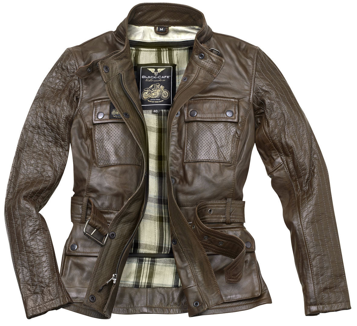 Black-Cafe London Madrid Ladies Motorcycle Leather Jacket#color_brown